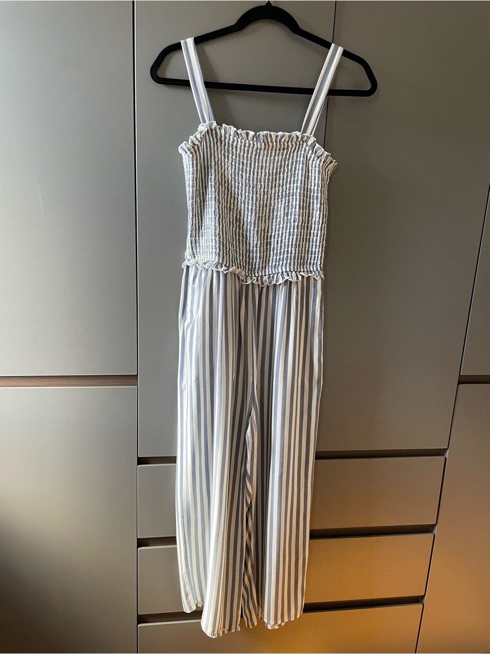 Speechless Blue and White Striped Smocked Jumpsuit